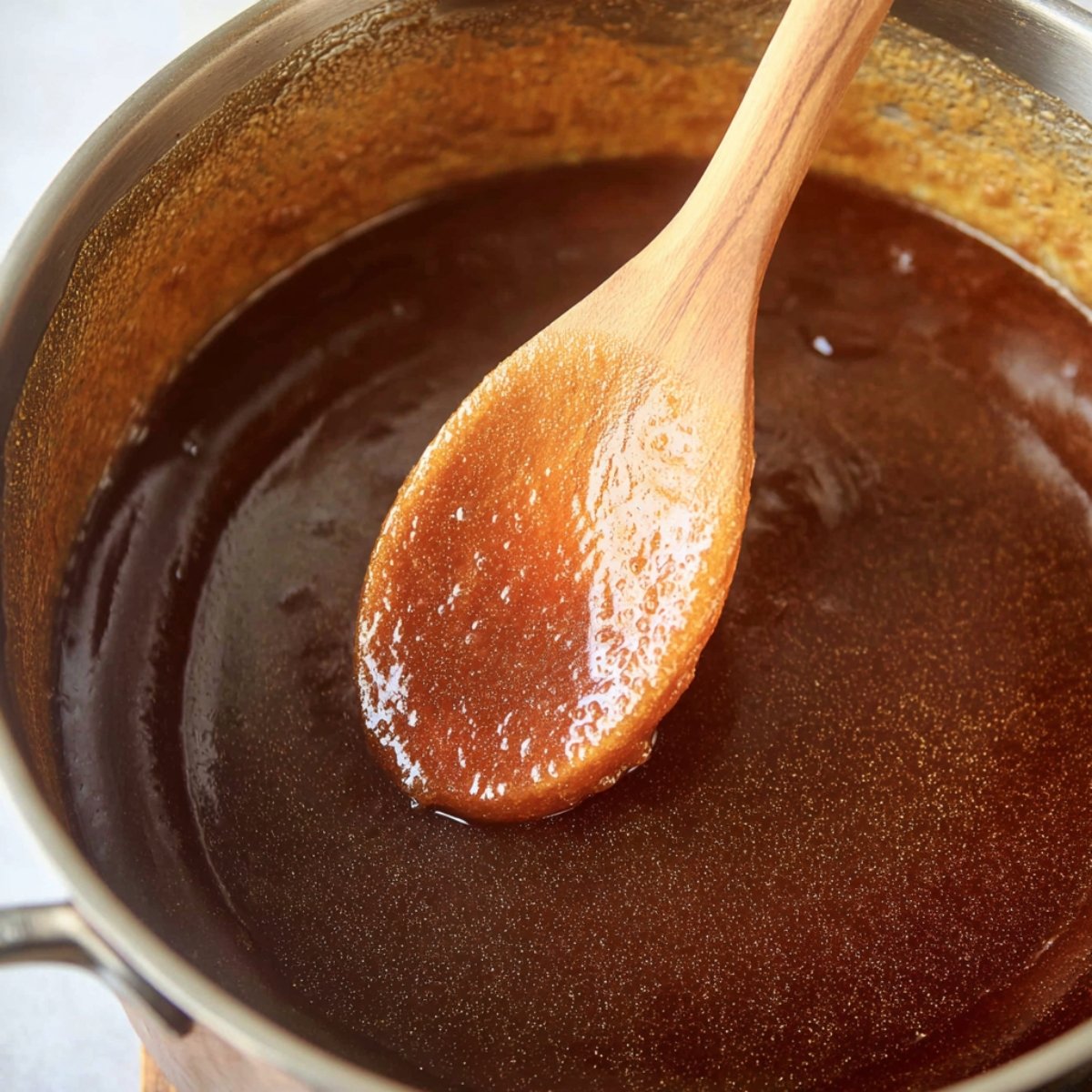 A wooden spoon stirring a thick, golden syrup made with butter and sugar in a saucepan.
