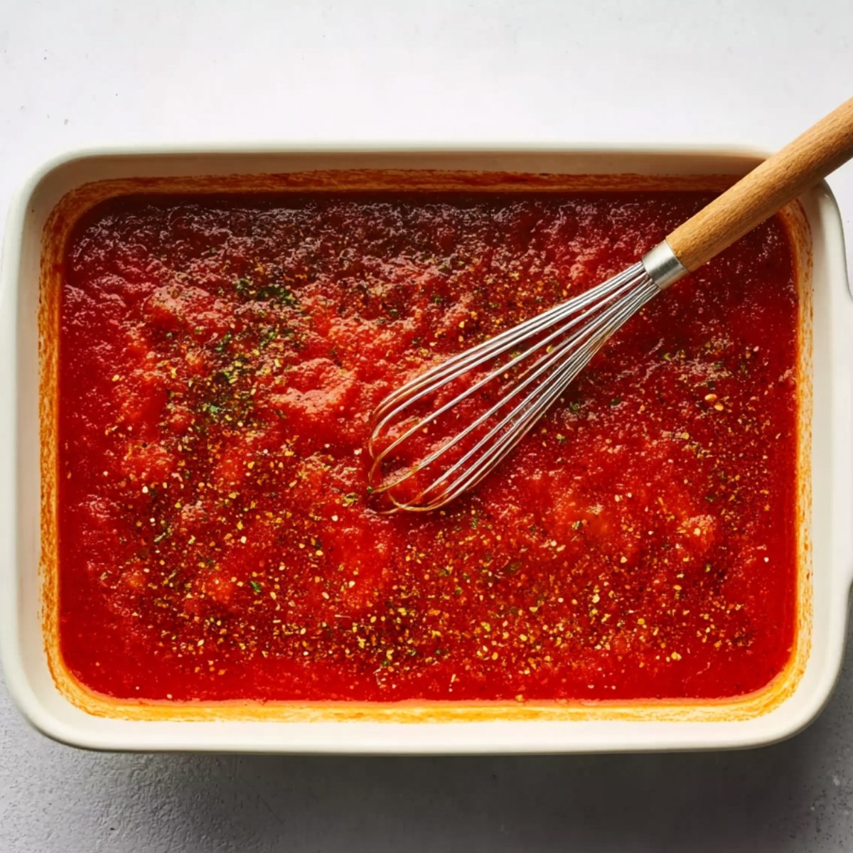 A rectangular baking dish with freshly prepared marinara sauce, whisked and seasoned with herbs for added flavor.