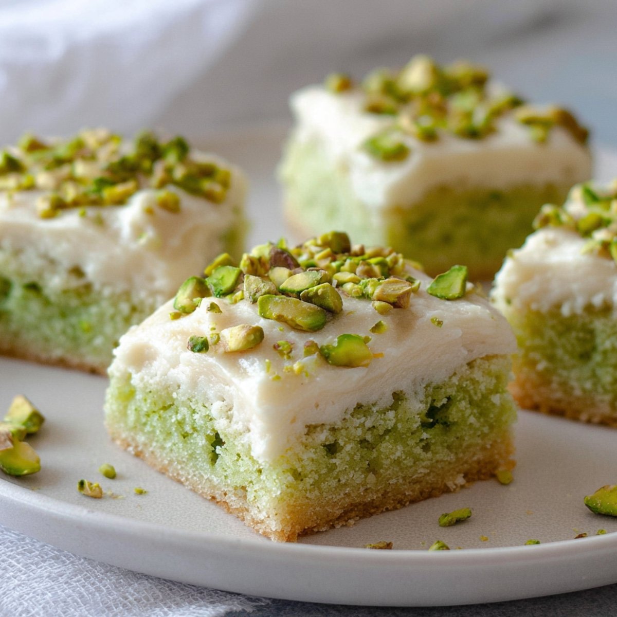 A close-up of Pistachio Cookie Bars topped with cream cheese frosting and chopped pistachios on a plate.