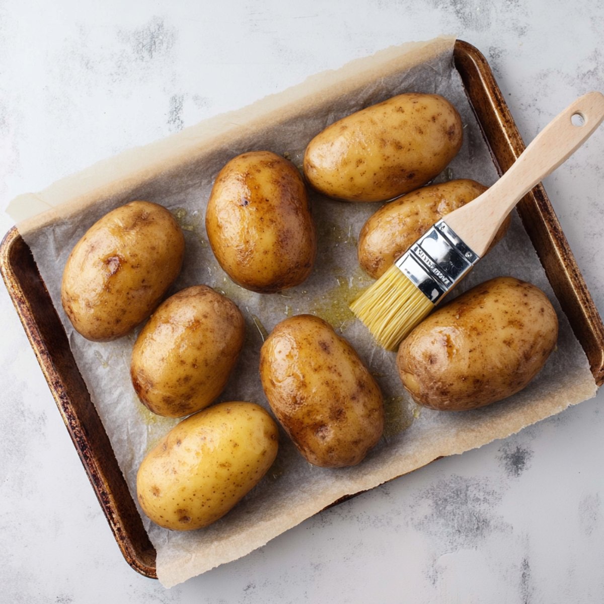 Whole russet potatoes brushed with oil and arranged on a parchment-lined baking tray, ready for baking.