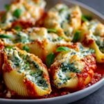 Baked Spinach Ricotta Stuffed Shells topped with melted mozzarella and fresh basil, served in a plate.