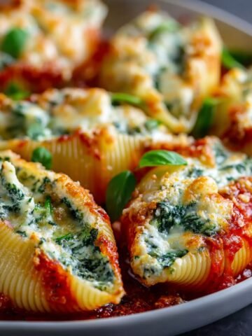 Baked Spinach Ricotta Stuffed Shells topped with melted mozzarella and fresh basil, served in a plate.