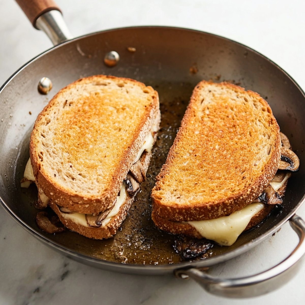 Two mushroom melt sandwiches being grilled in a pan, with crispy whole wheat bread and melted cheese visible, sizzling in a skillet.
