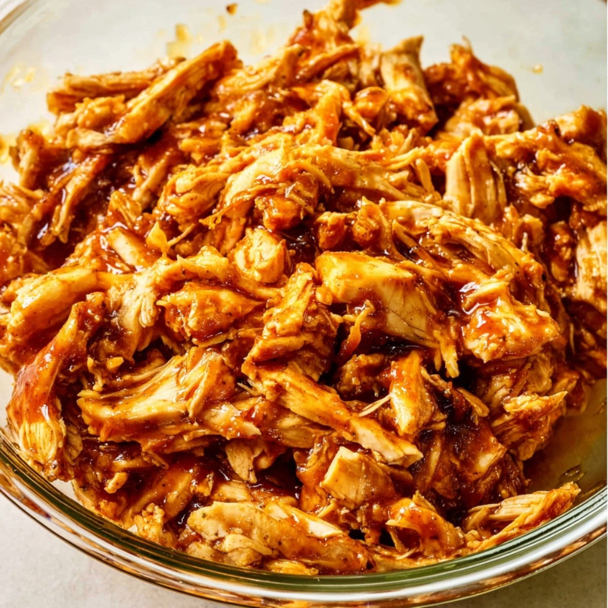 A glass bowl filled with shredded chicken coated in smoky BBQ sauce, showing tender pieces of chicken mixed with the sauce