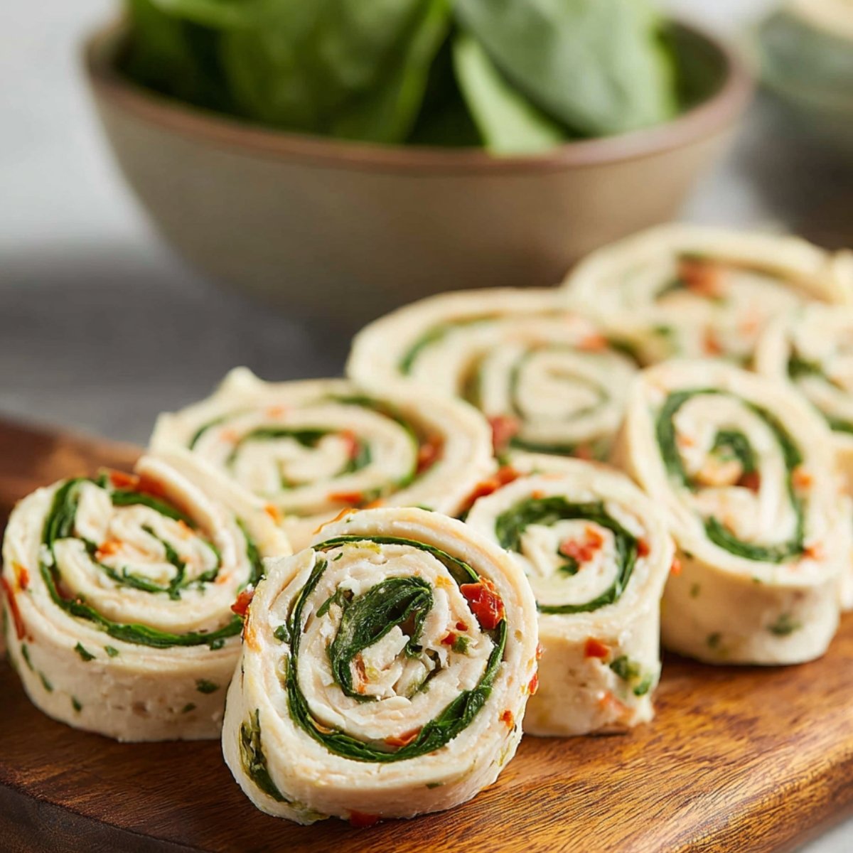 Turkey pinwheels made with tortillas, spinach, and creamy filling, neatly sliced and arranged on a wooden board, with a bowl of fresh spinach in the background.