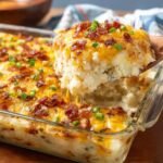 A cheesy Twice Baked Potato Casserole with crispy bacon, melted cheese, and green onions being lifted from the dish.