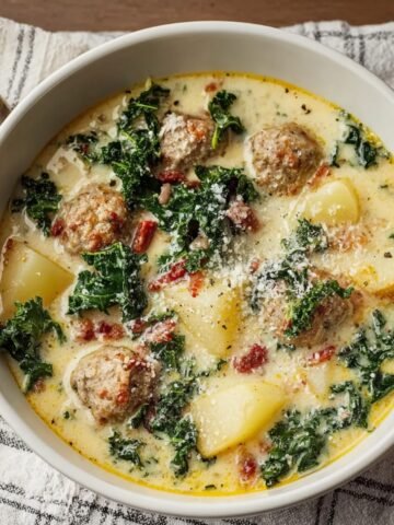 A bowl of Zuppa Toscana Soup with sausage, kale, and potatoes, garnished with Parmesan.
